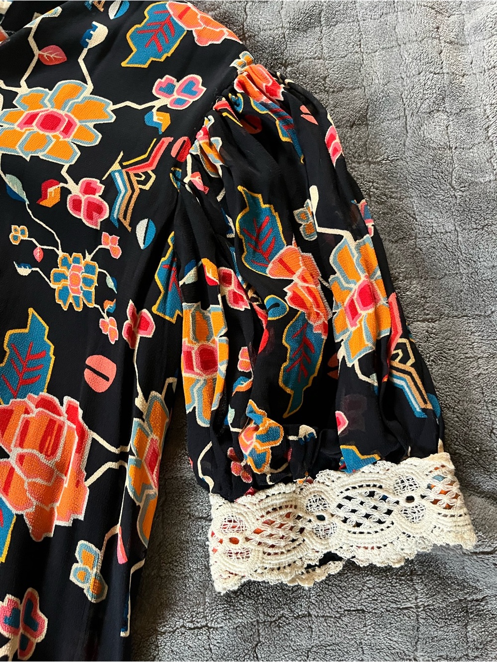 Anthropologie Black Floral & Geometric Mixed Print Dress with Crochet Collar - Picture 4 of 8